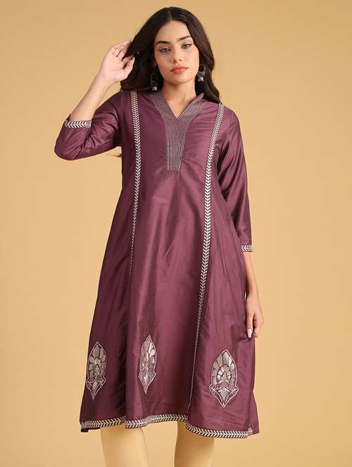 women embroidered three quarter sleeve a-line kurta - 21957339 -  Standard Image - 0