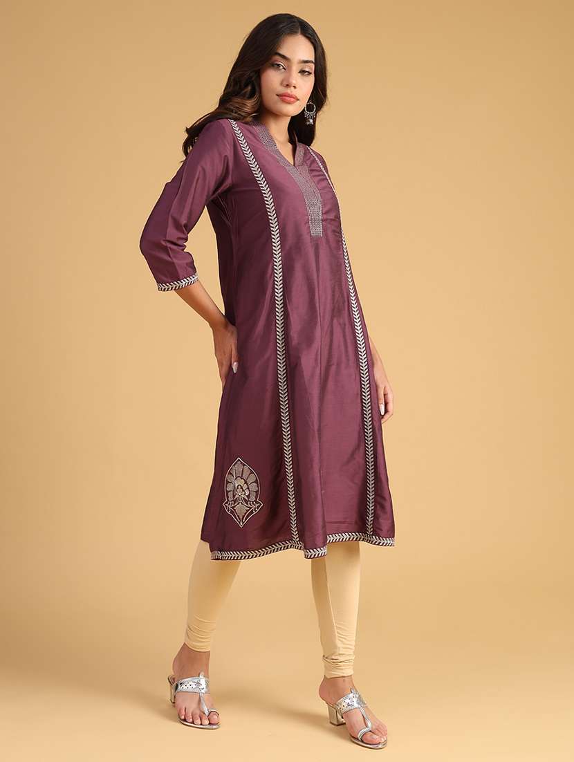 women embroidered three quarter sleeve a-line kurta - 21957339 -  Standard Image - 3