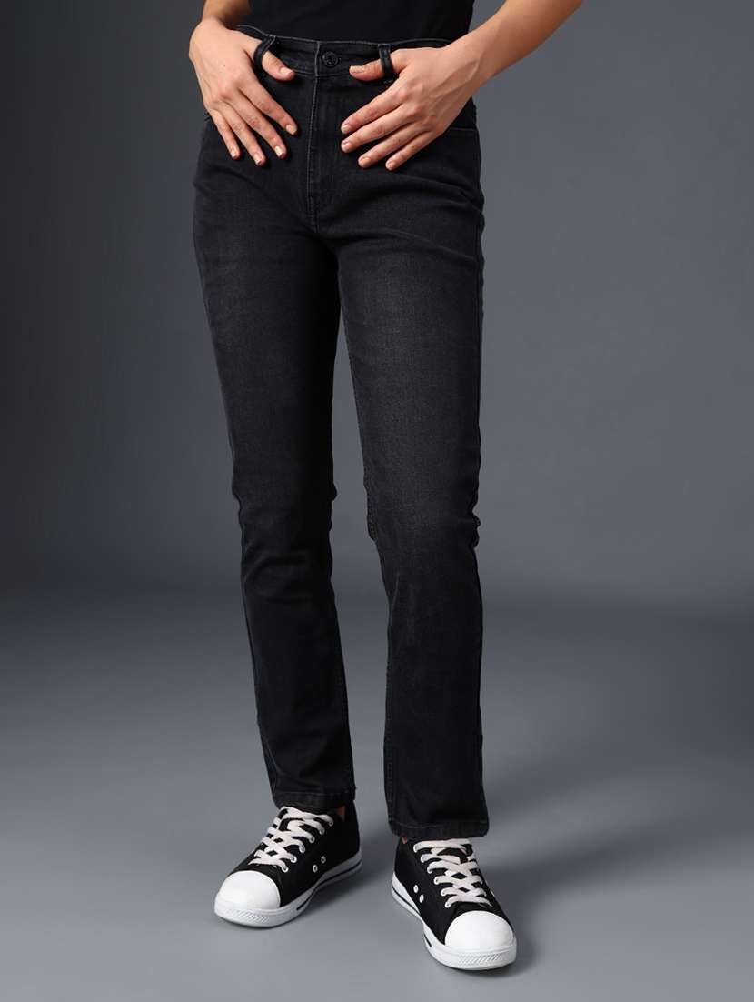 women solid mid rise straight fit jean