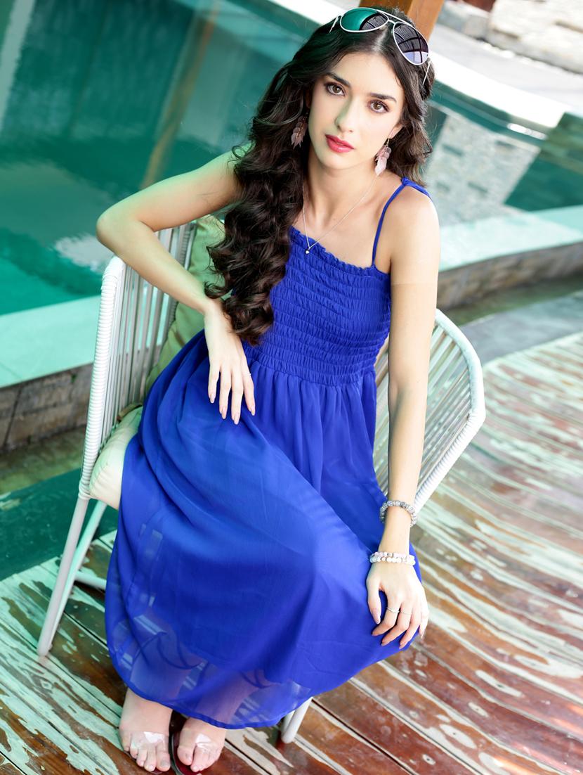 women blue solid shoulder strap fit & flare dress - 21957790 - Standard Image - 3
