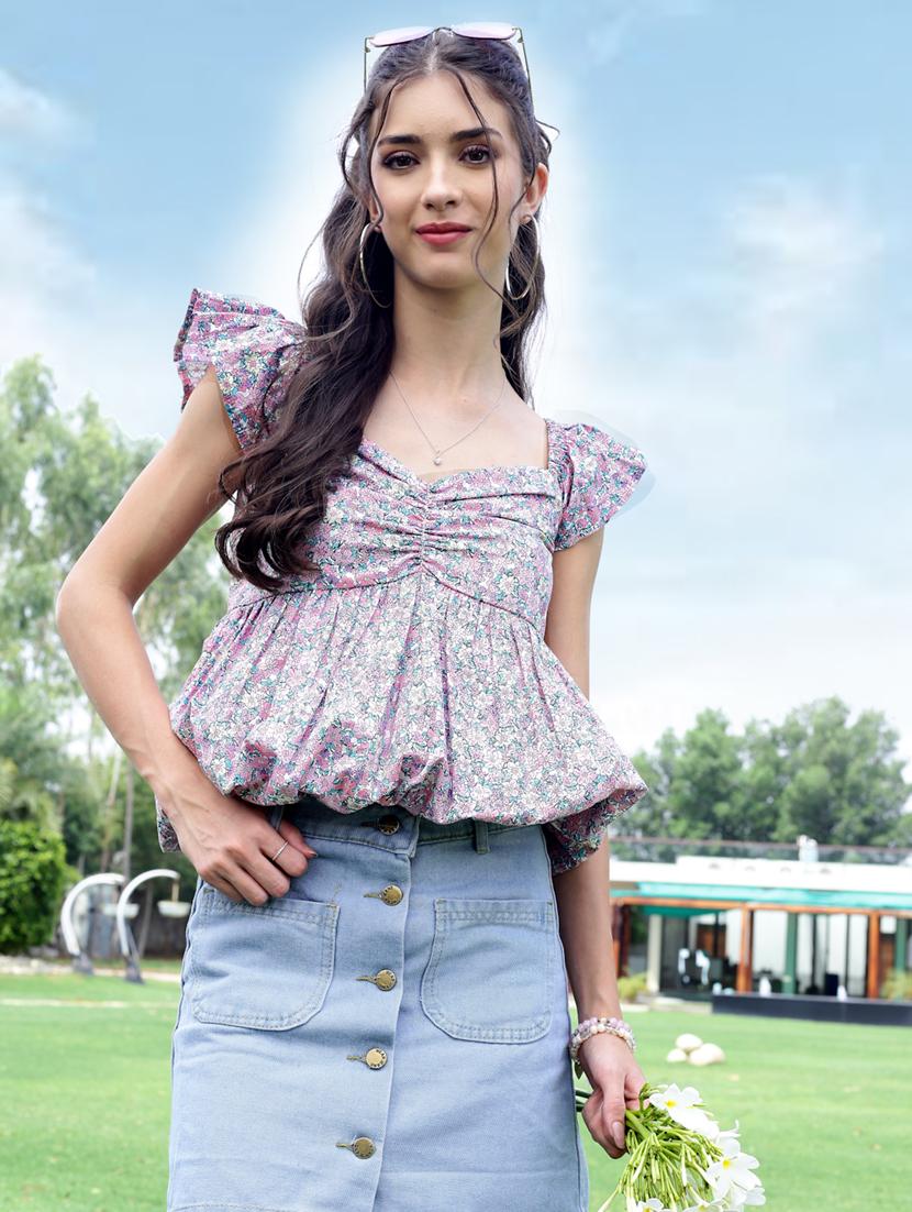 women floral print ruffle sleeve peplum top - 21957860 - Zoom Image - 0