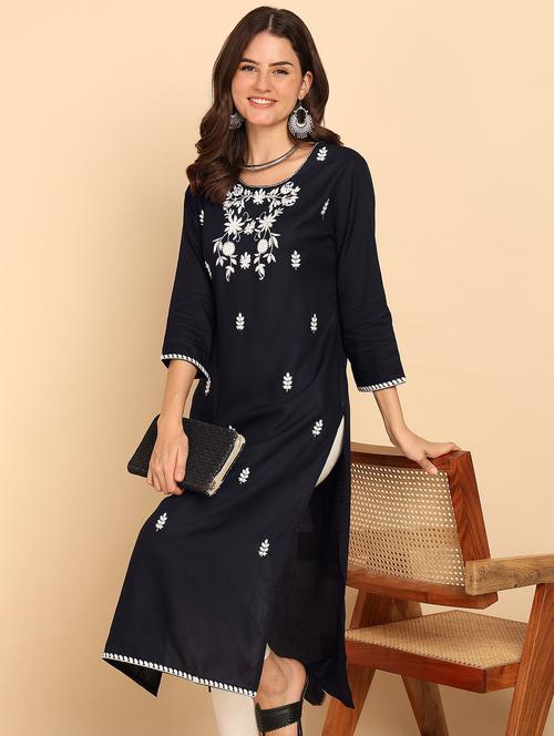 women embroidered three quarter sleeve straight kurta - 21957891 - Standard Image - 0