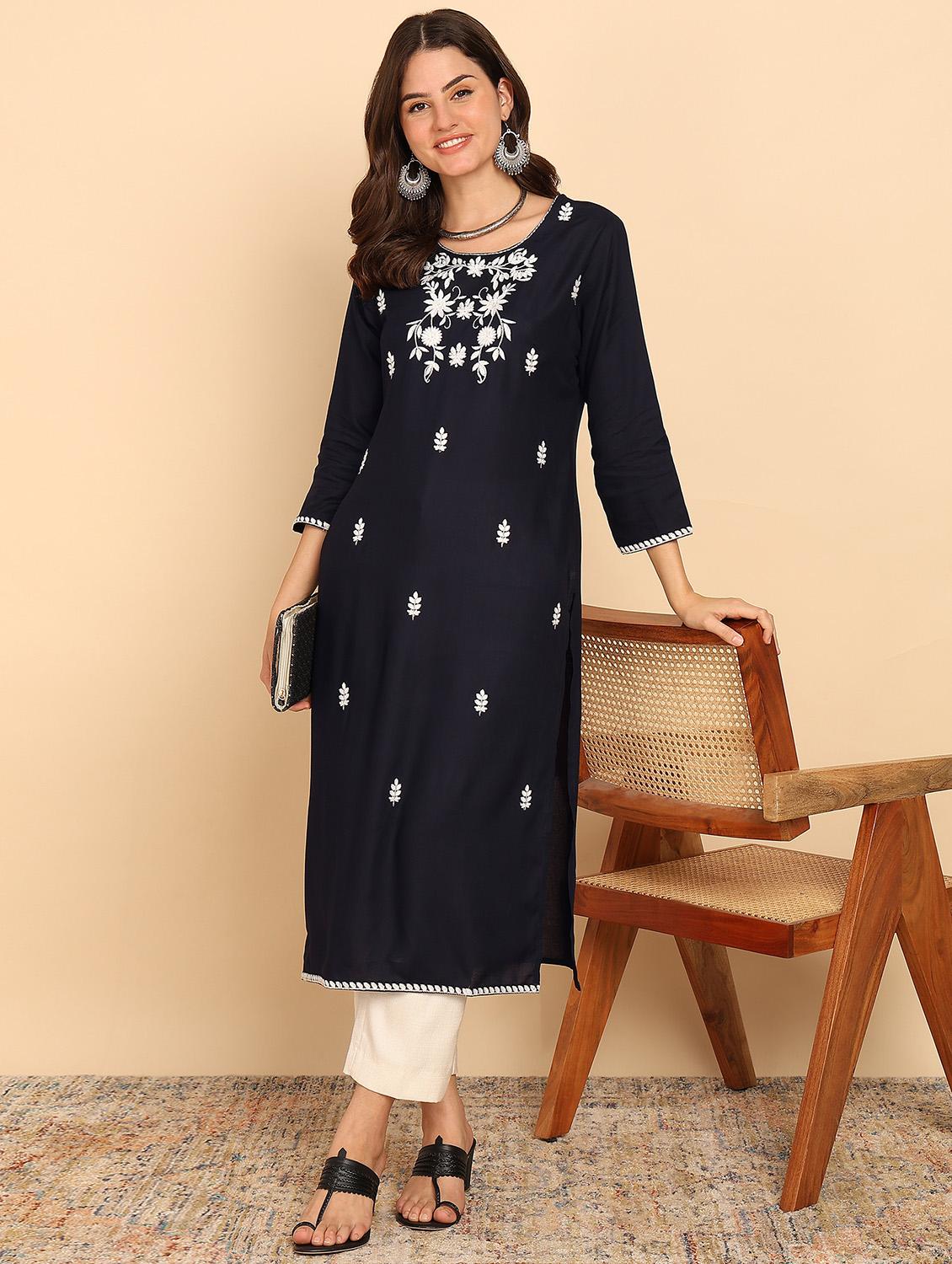 women embroidered three quarter sleeve straight kurta - 21957891 - Standard Image - 3