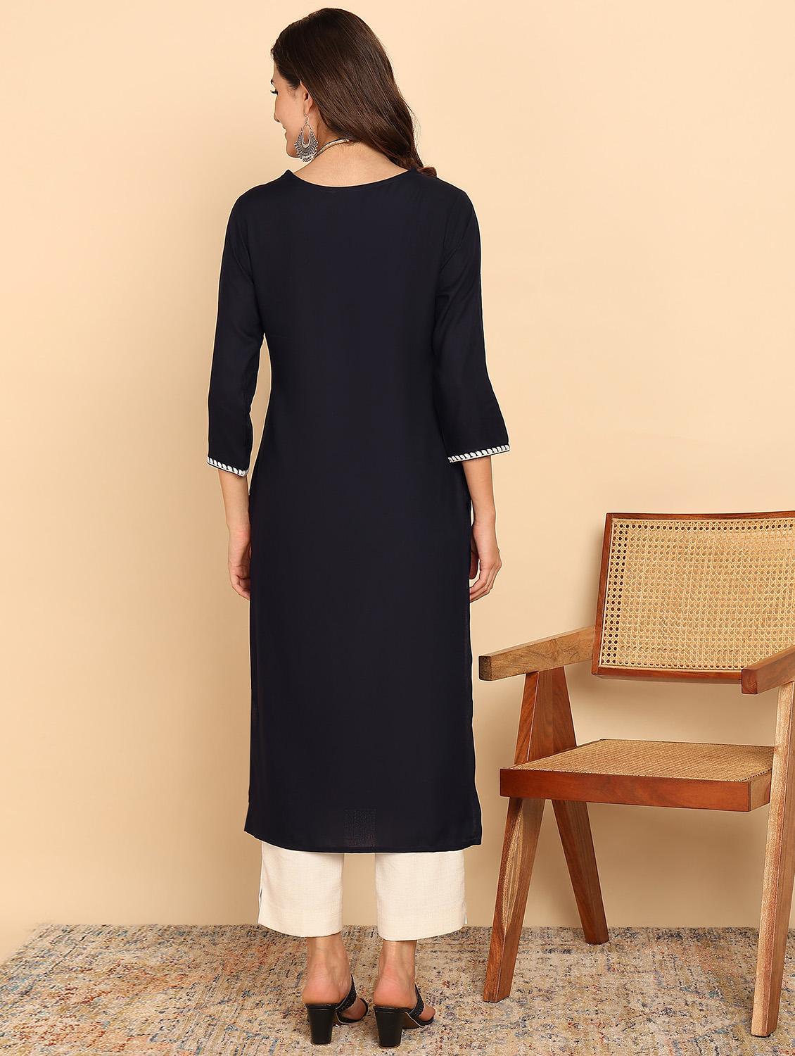 women embroidered three quarter sleeve straight kurta - 21957891 - Standard Image - 5