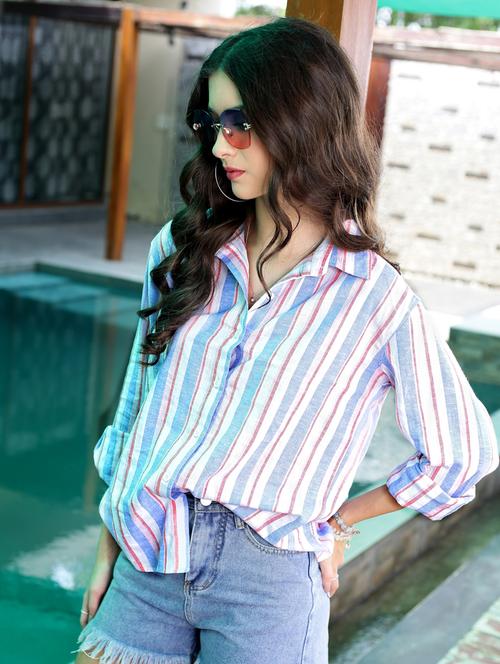 women striped collared long sleeve regular shirt - 21957922 -  Standard Image - 0