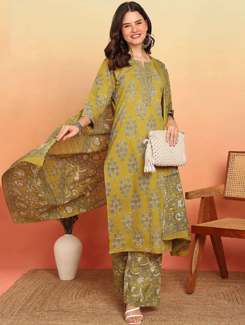 women three quarter sleeve kurta palazzo with dupatta set