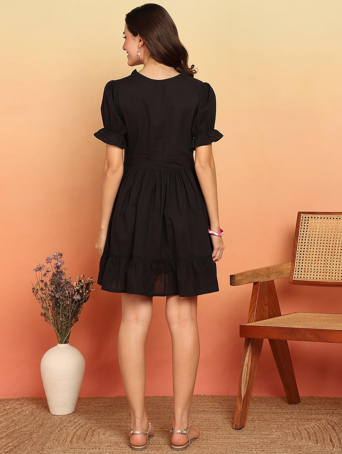 women black embroidered puff sleeve fit & flare dress - 21957938 - Standard Image - 3