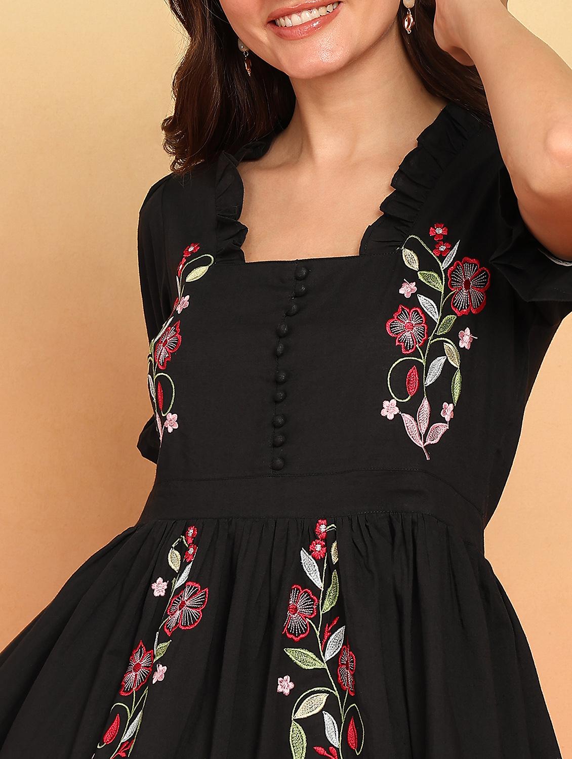 women black embroidered puff sleeve fit & flare dress - 21957938 - Standard Image - 5