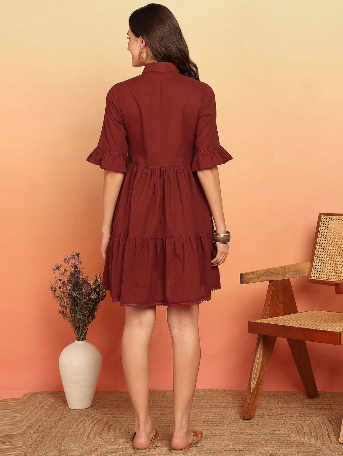 women maron embroidered elbow sleeve tiered ethnic dress - 21957939 -  Standard Image - 3