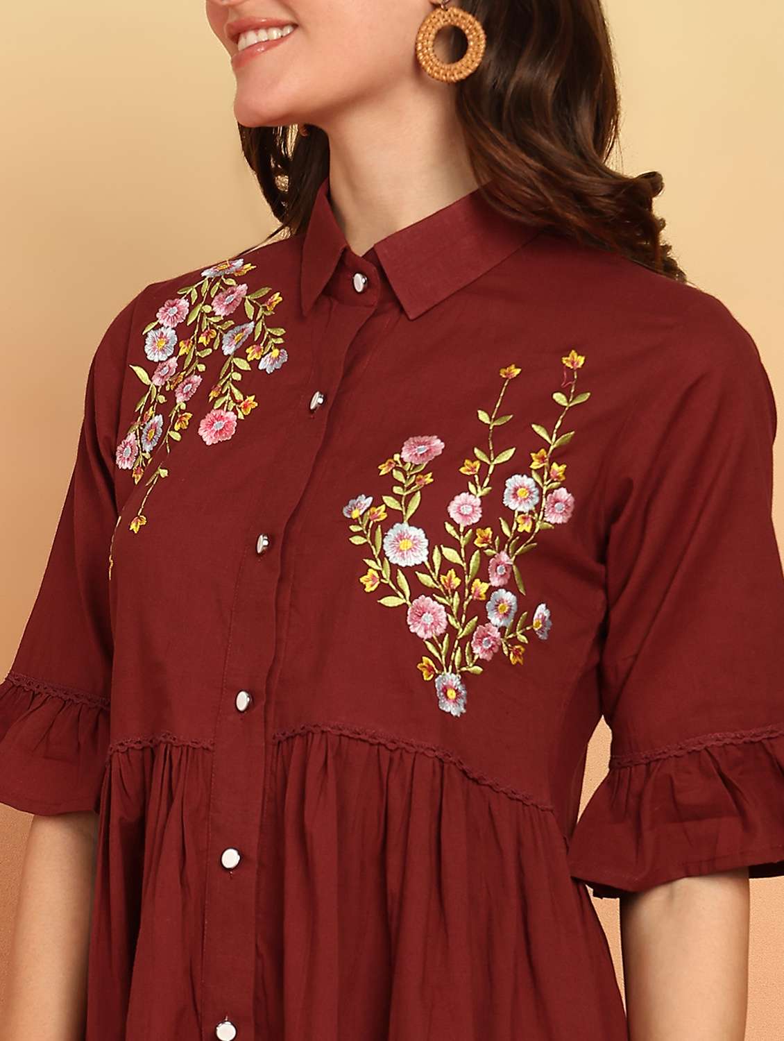 women maron embroidered elbow sleeve tiered ethnic dress - 21957939 -  Standard Image - 5