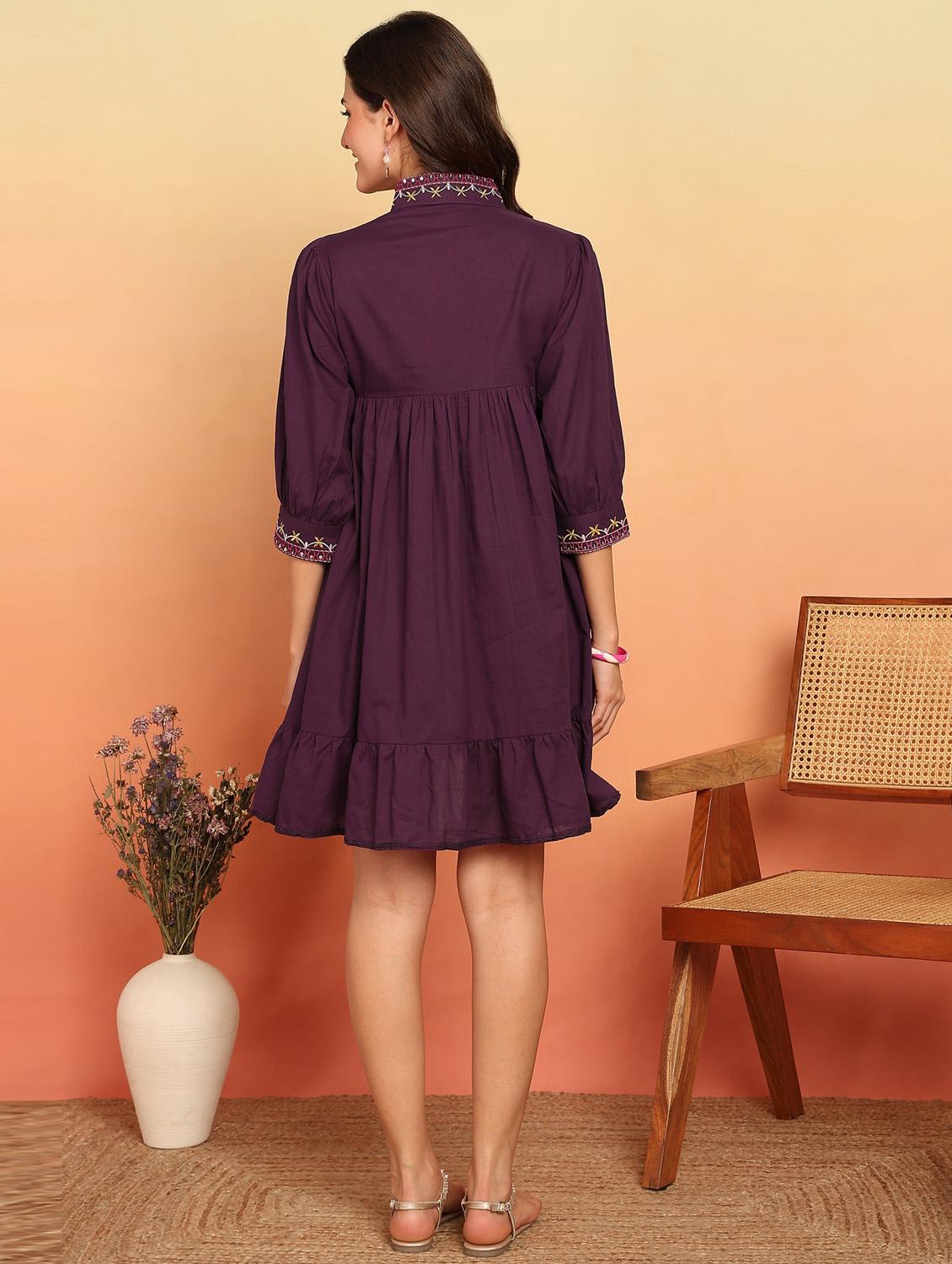 women purple embroidered collared tiered ethnic dress - 21957940 - Standard Image - 3