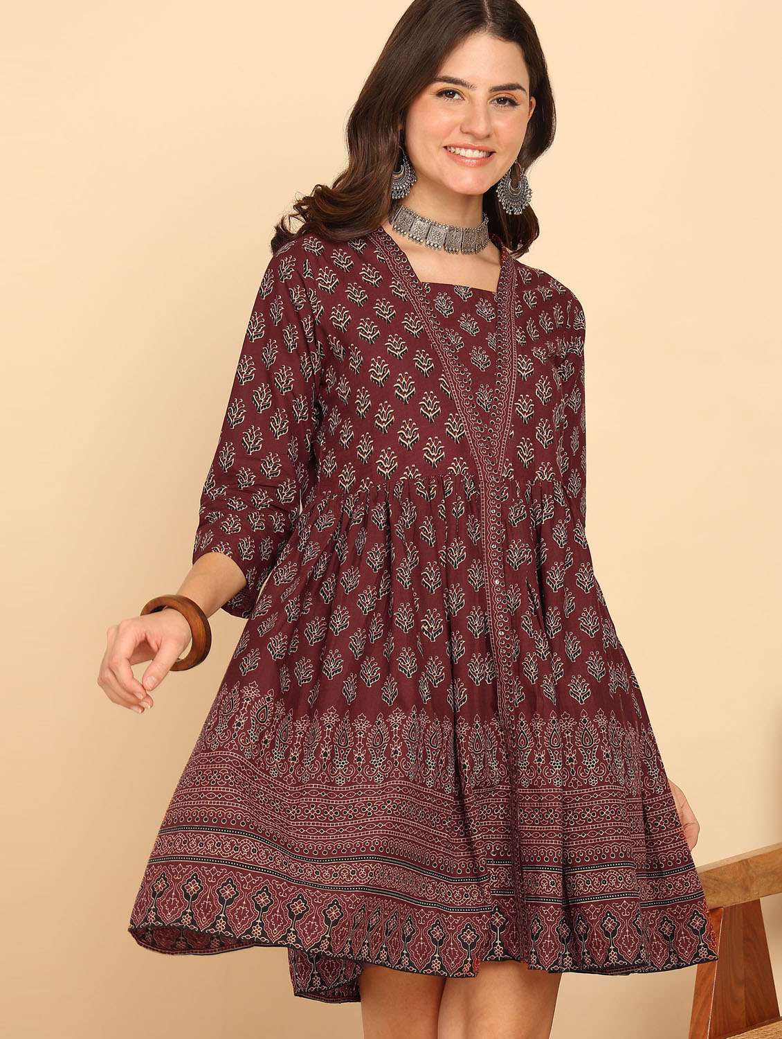 women maroon printed fit & flare ethnic dress - 21957941 -  Standard Image - 3