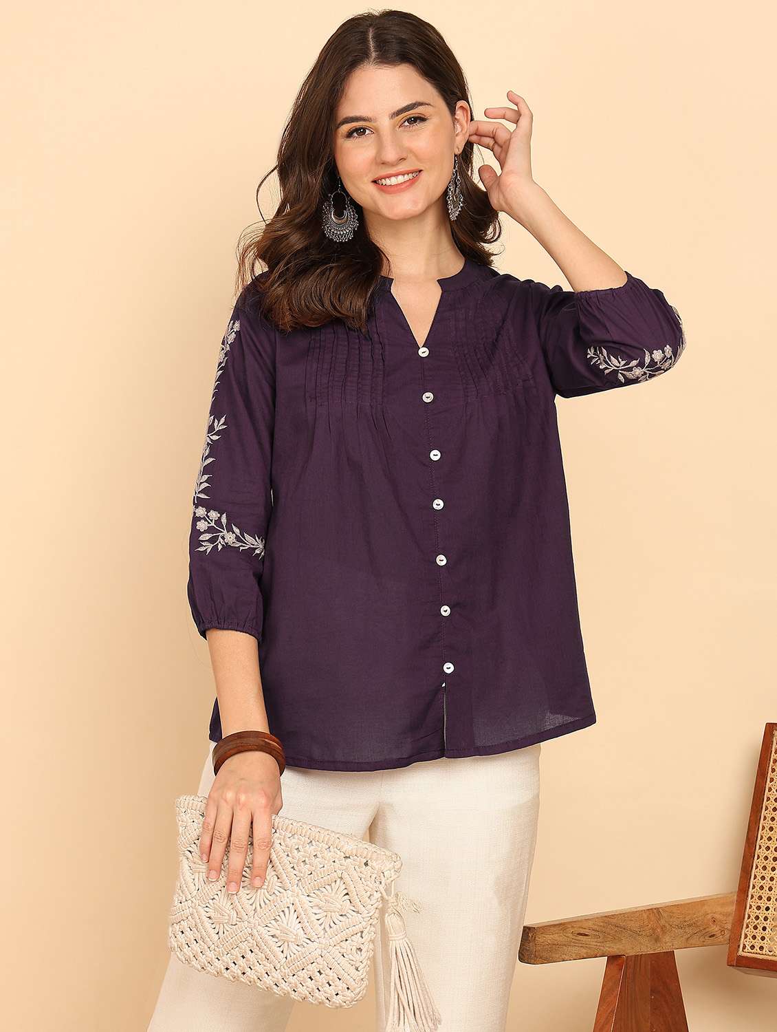 women embroidered three quarter sleeve ethnic top - 21957946 - Standard Image - 3