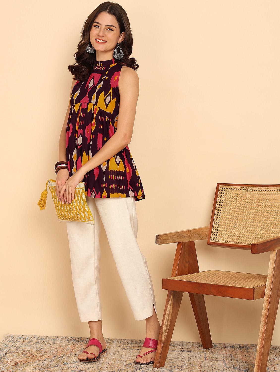 women printed sleeveless halter neck flared kurti - 21957949 - Standard Image - 5