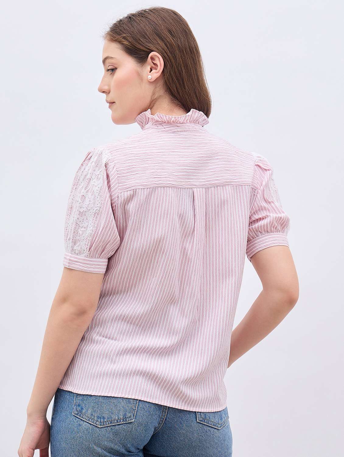 women striped mandarin neck puff sleeve shirt - 21958015 -  Standard Image - 3