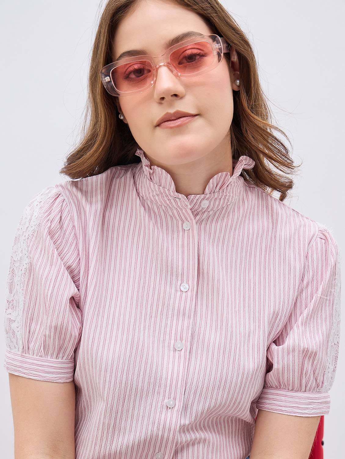 women striped mandarin neck puff sleeve shirt - 21958015 -  Standard Image - 5