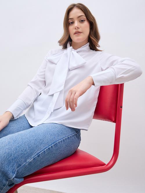 women white solid tie up neck long sleeve regular shirt - 21958020 - Standard Image - 0