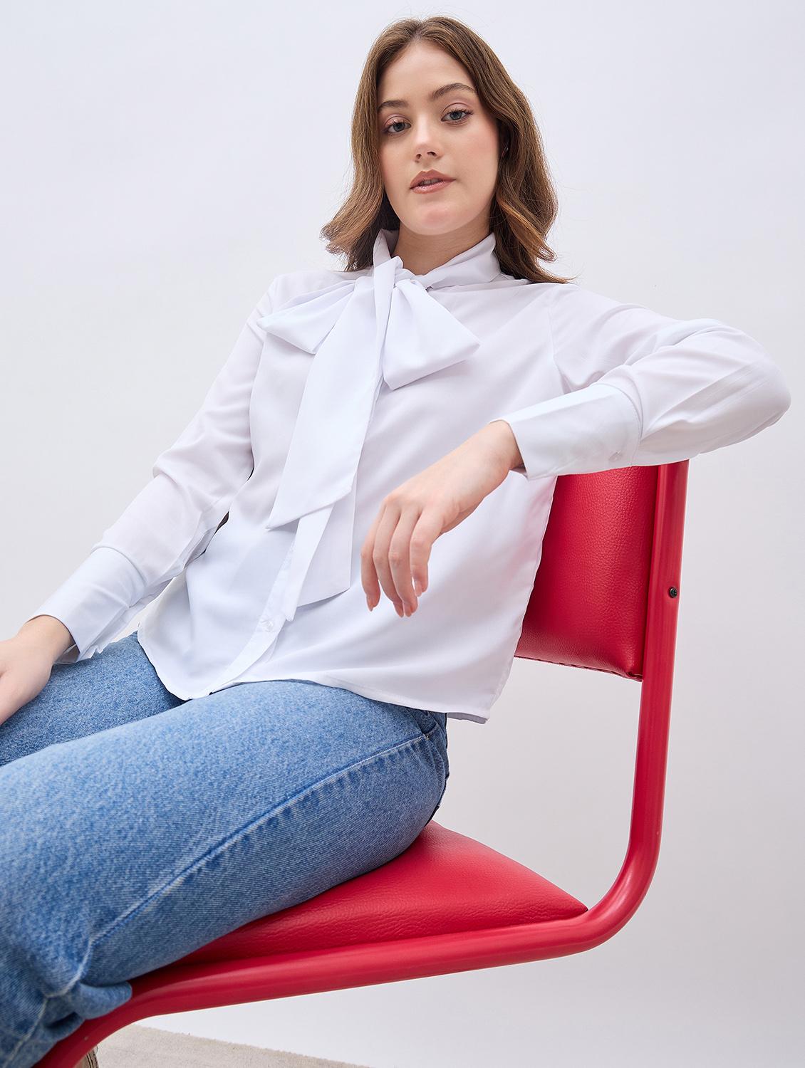 women white solid tie up neck long sleeve regular shirt - 21958020 - Zoom Image - 0