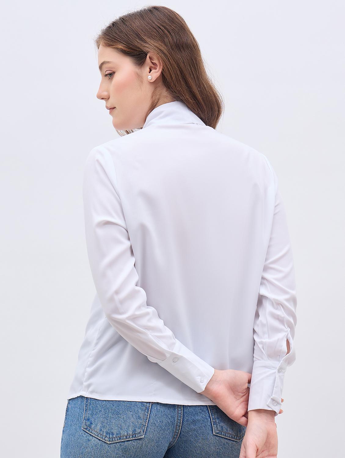 women white solid tie up neck long sleeve regular shirt - 21958020 - Standard Image - 3
