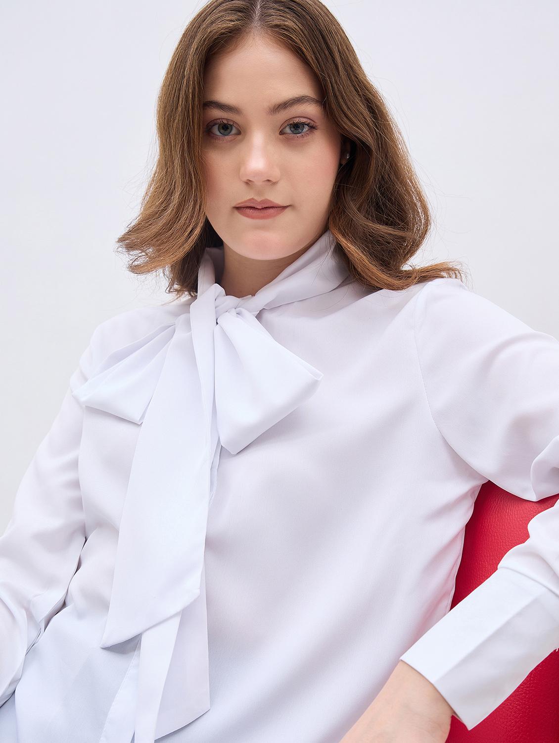 women white solid tie up neck long sleeve regular shirt - 21958020 - Standard Image - 5