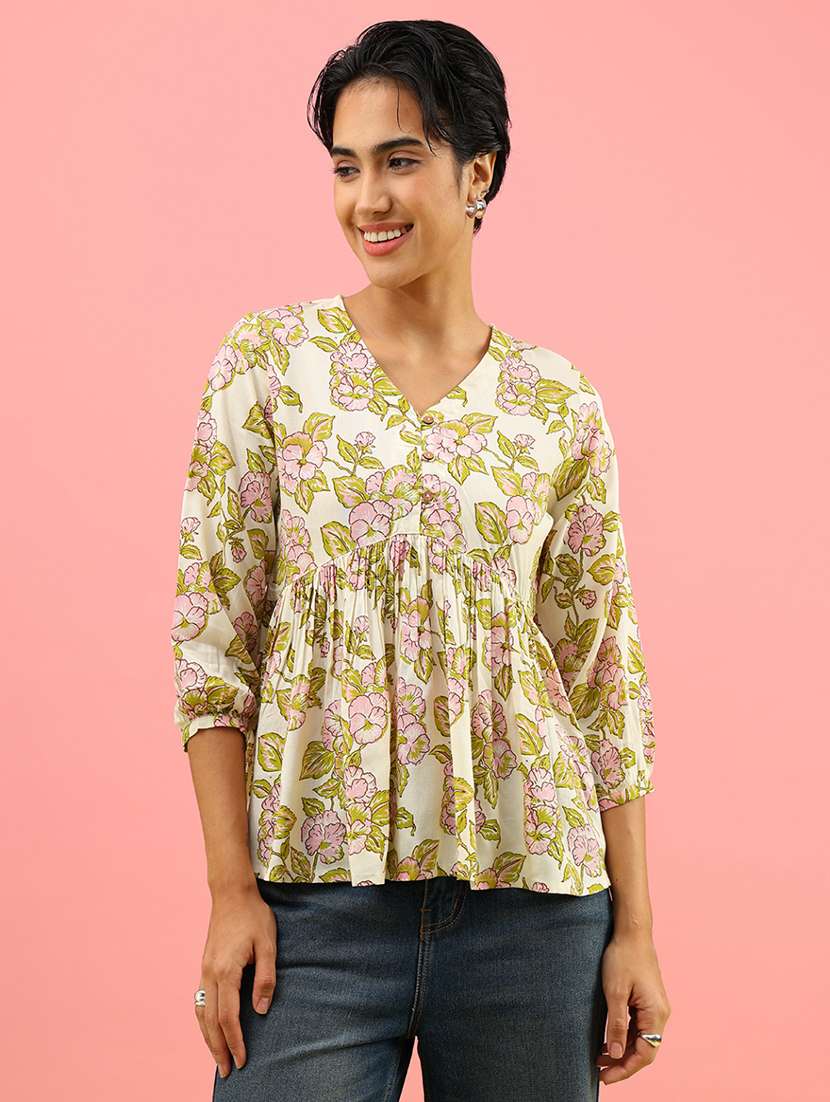 women printed three quarter sleeve kurti