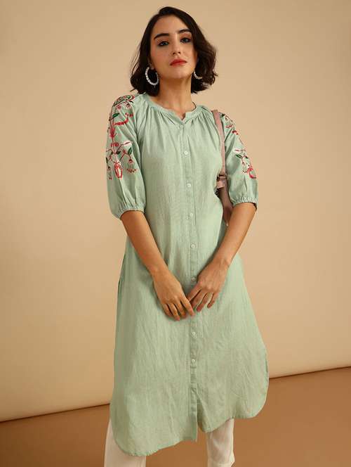 women embroidered three quarter sleeve straight kurta - 21958127 -  Standard Image - 0