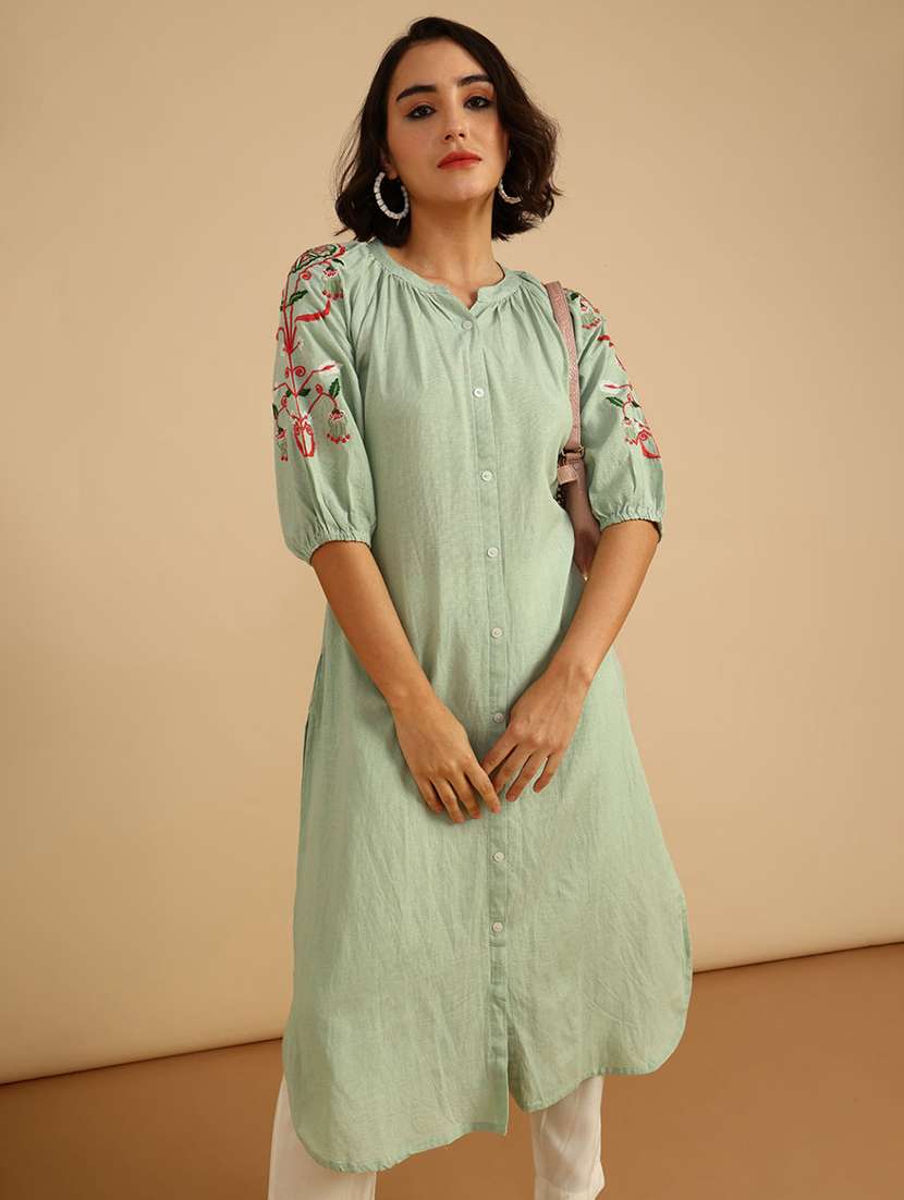 women embroidered three quarter sleeve straight kurta - 21958127 -  Zoom Image - 0