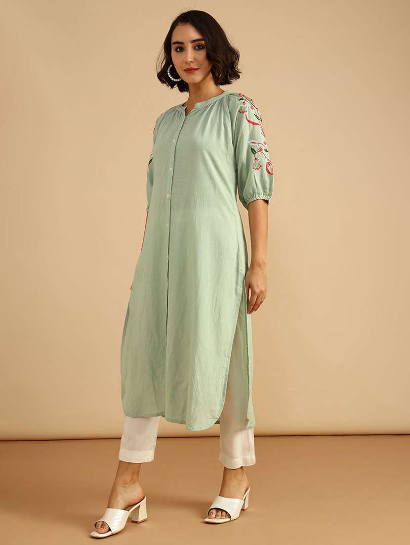 women embroidered three quarter sleeve straight kurta - 21958127 -  Standard Image - 3