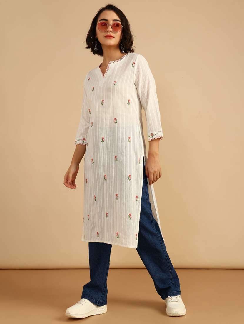 women embroidered three quarter sleeve straight kurta - 21958199 -  Standard Image - 3