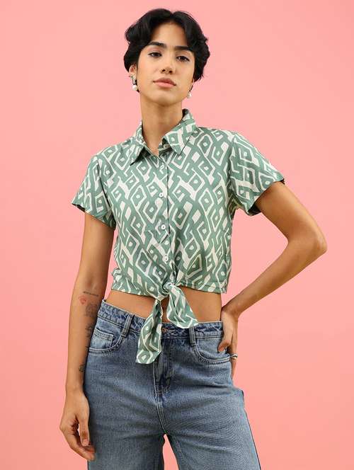 women printed collared short sleeve crop shirt - 21958229 -  Standard Image - 0