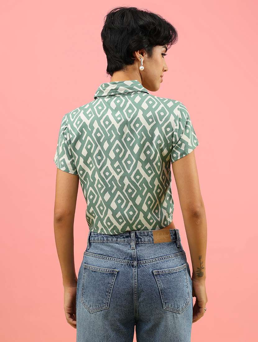 women printed collared short sleeve crop shirt - 21958229 -  Standard Image - 3