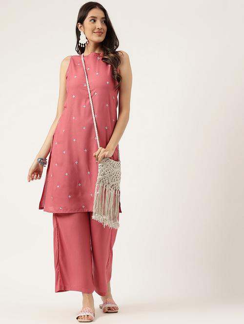 women embroidered sleeveless kurta palazzo set - 21958336 -  Standard Image - 0