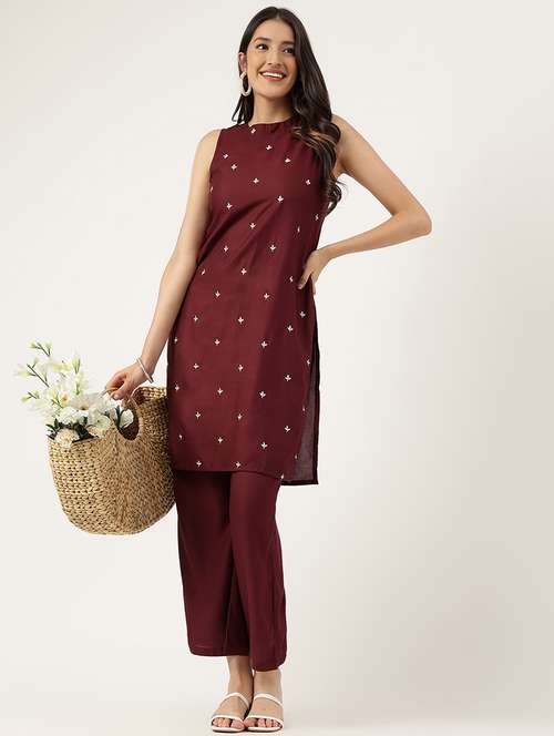women embroidered sleeveless kurta palazzo set - 21958342 - Standard Image - 0