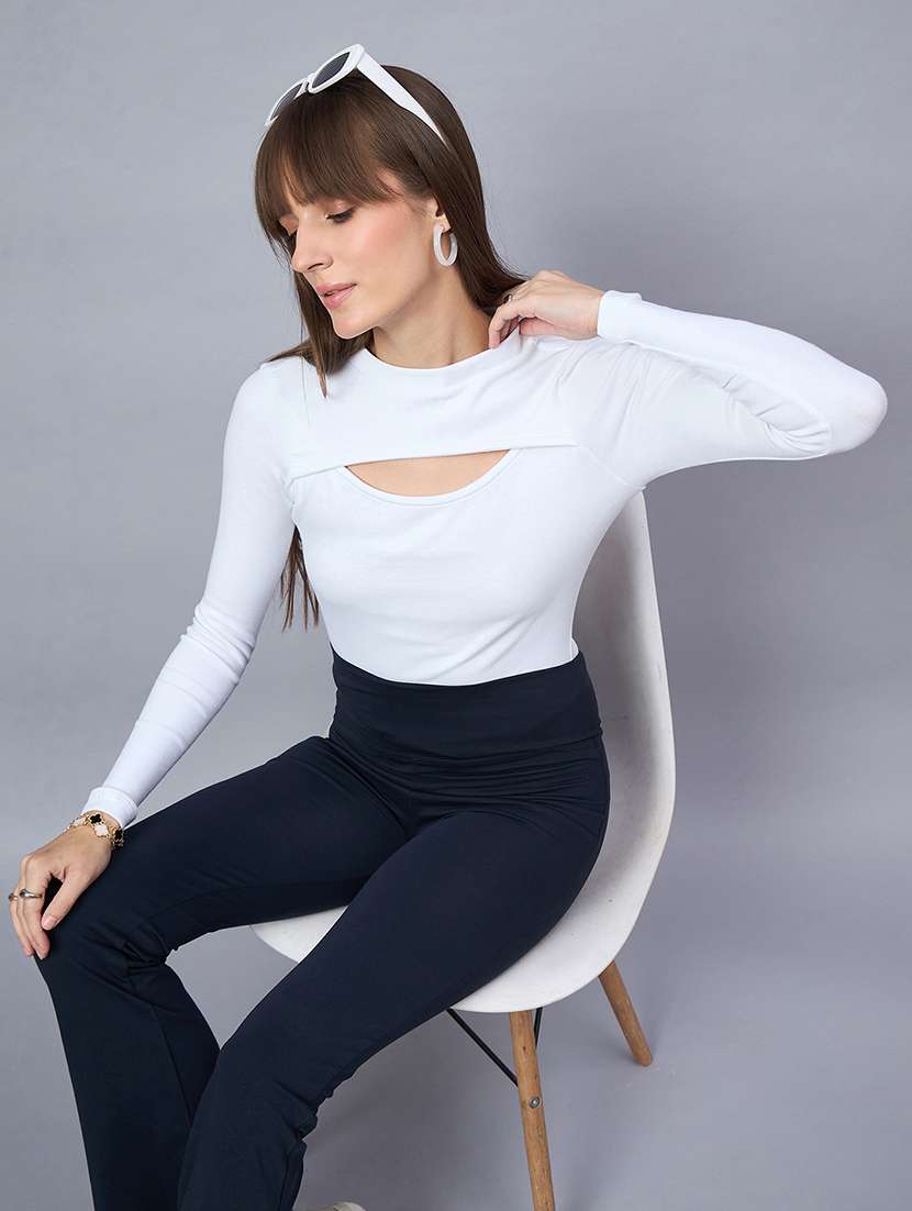 women solid long sleeve cut out crop top - 21958377 - Zoom Image - 0