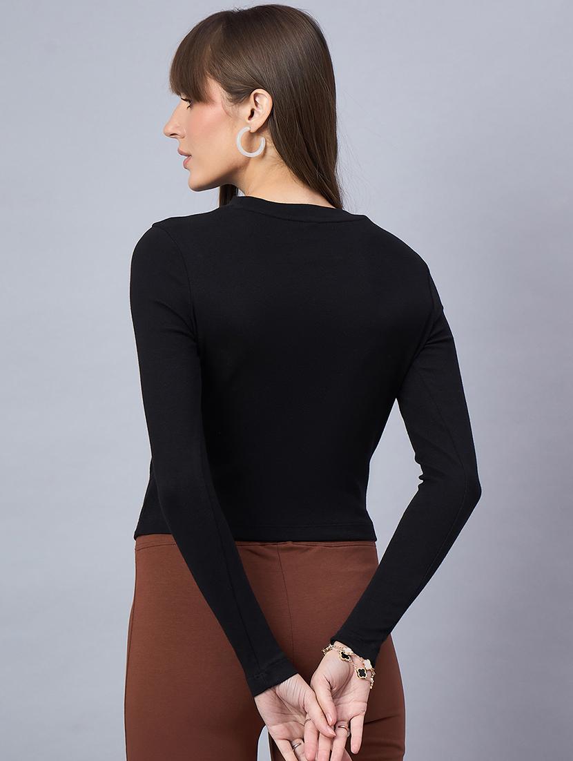 women solid long sleeve cut out crop top - 21958390 - Standard Image - 3