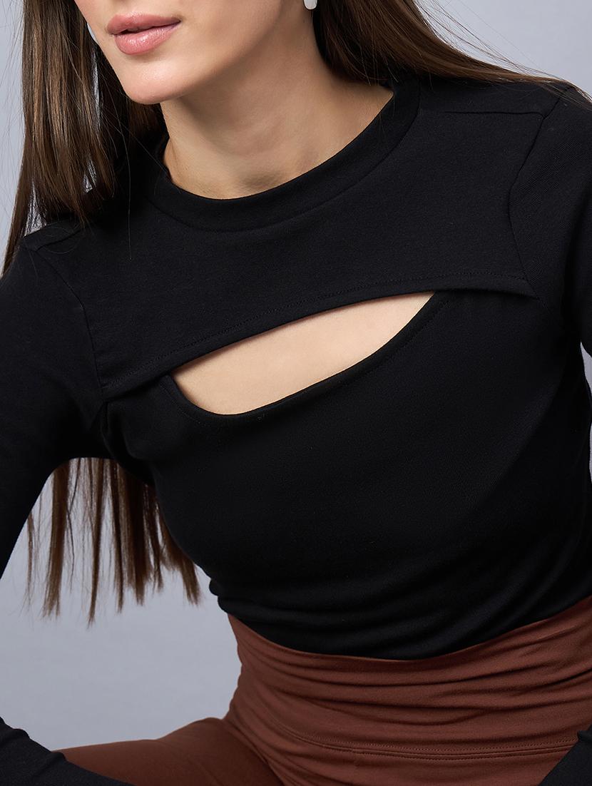 women solid long sleeve cut out crop top - 21958390 - Standard Image - 5