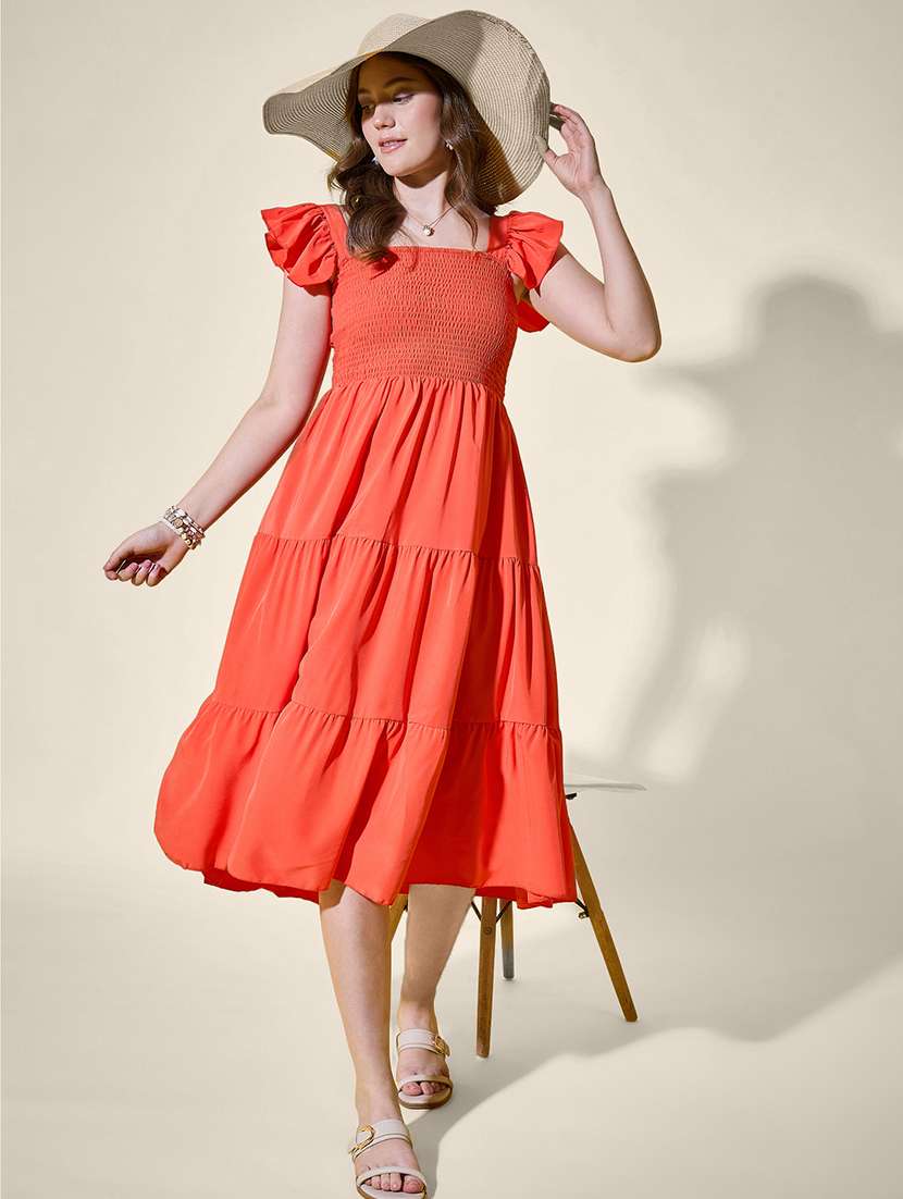 women solid ruffle sleeve tiered dress