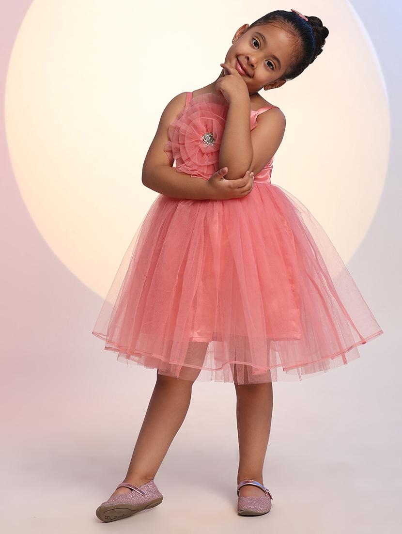 girls solid shoulder strap fit & flare dress