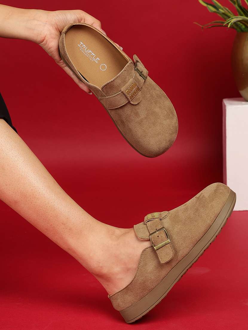 women brown slip on mule