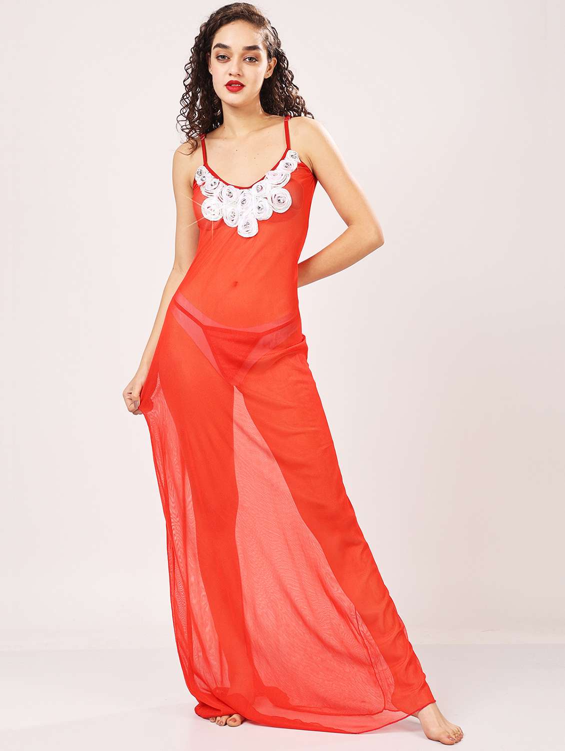 women embellished shoulder strap babydoll set