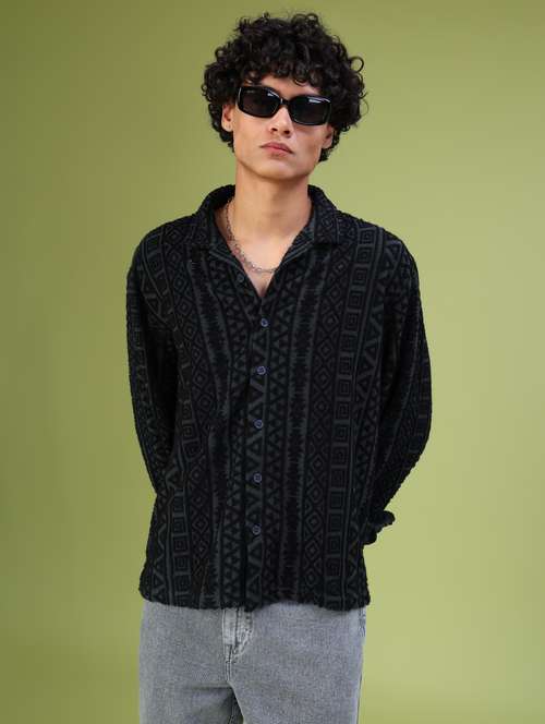 dark grey jacquard casual shirt - 21958940 - Standard Image - 0