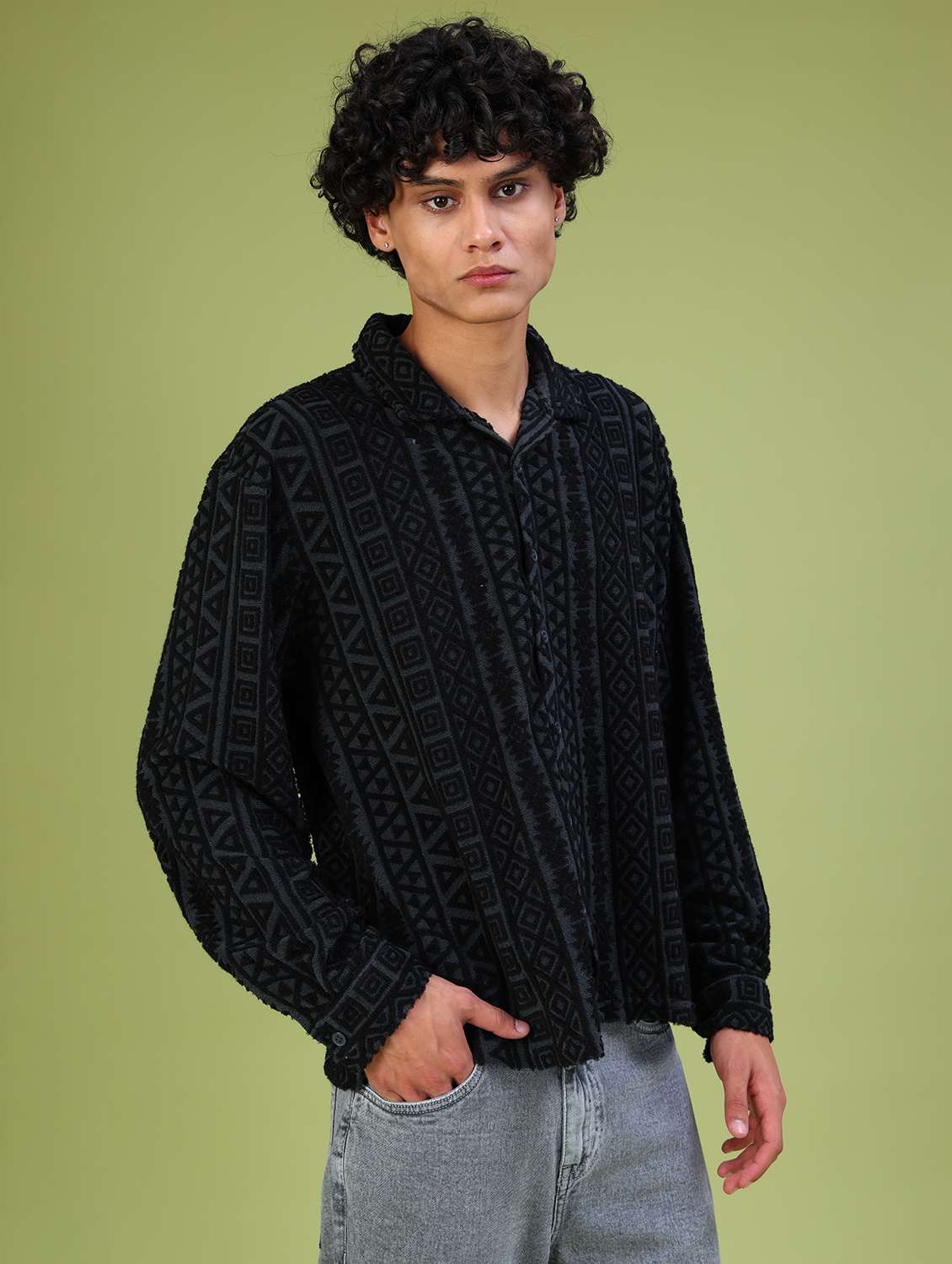 dark grey jacquard casual shirt - 21958940 - Standard Image - 3