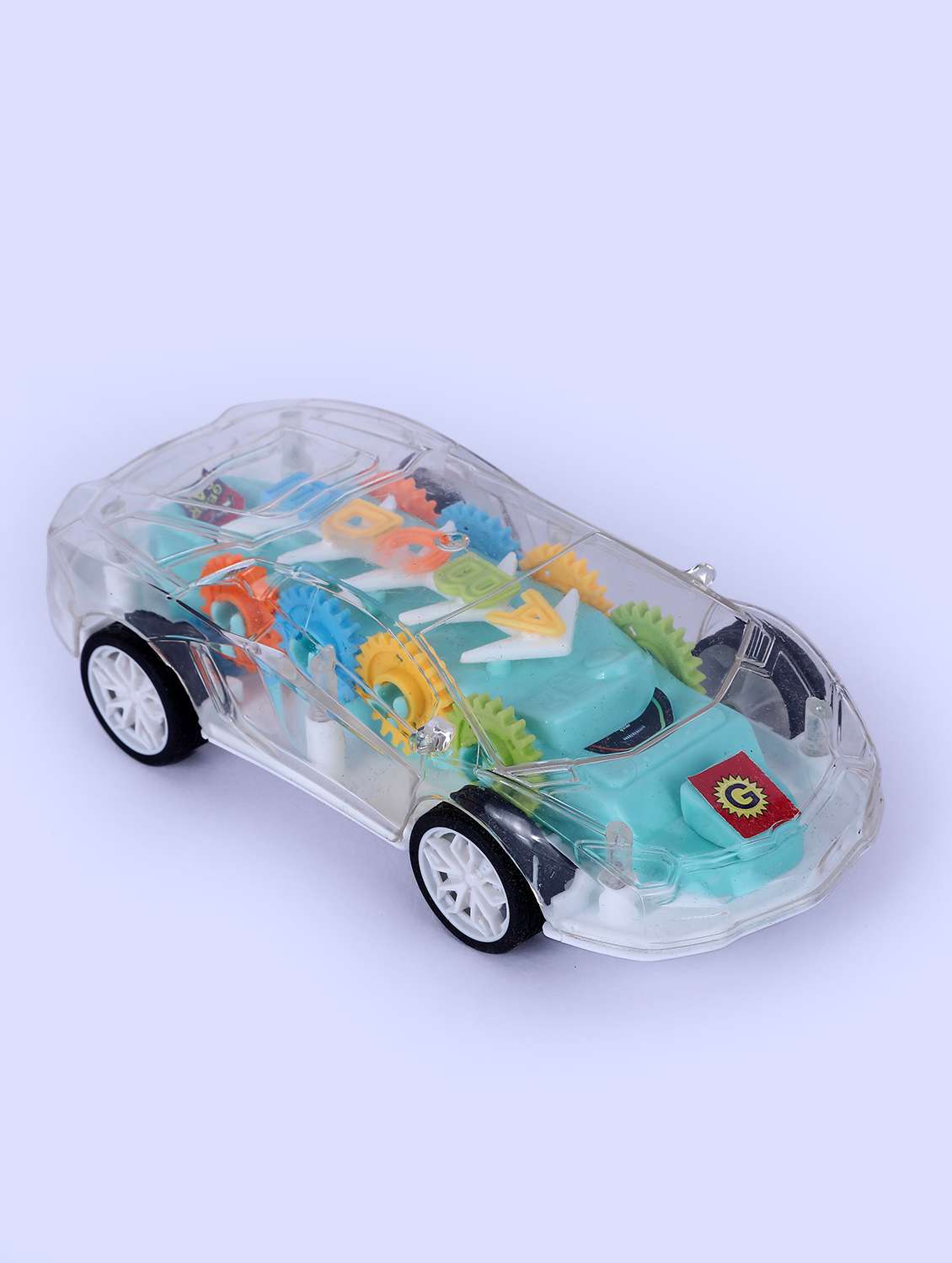 transparent toy car with multi-colored gears