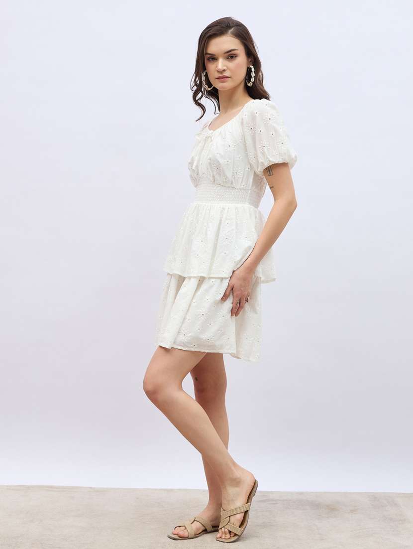 women white puff sleeve layered schiffli dress - 21959227 -  Standard Image - 3