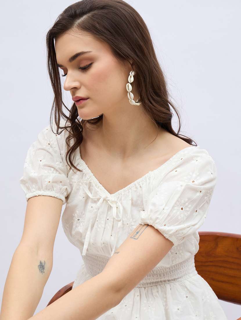 women white puff sleeve layered schiffli dress - 21959227 -  Standard Image - 5