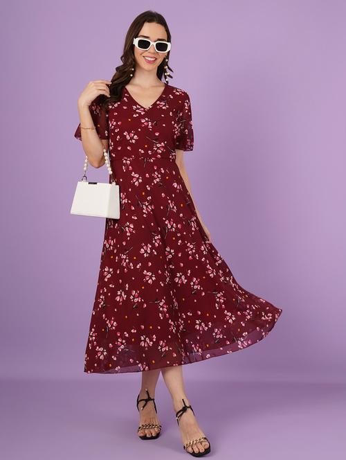 women floral print puff sleeve fit & flared dress - 21959257 - Standard Image - 0