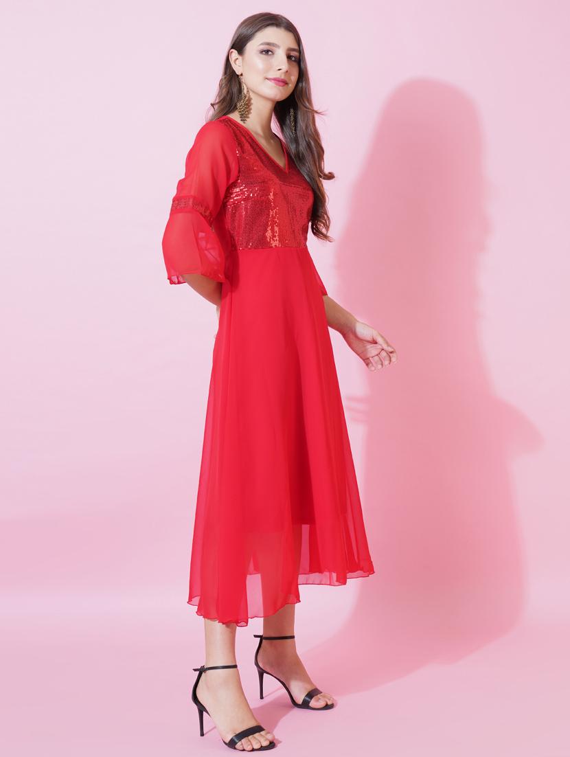 women sequined bell sleeve fit & flare dress - 21959268 - Standard Image - 3
