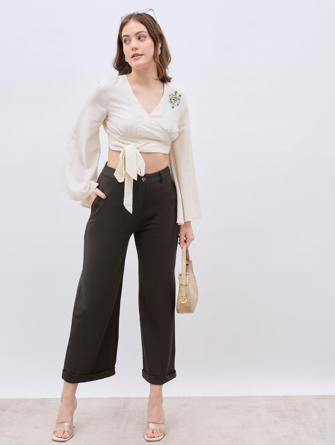 women olive solid wide leg trouser - 21959361 - Standard Image - 3