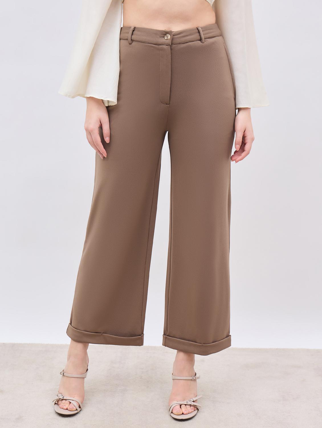 women beige solid wide leg trouser
