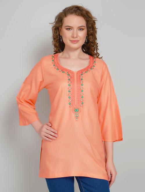 women embroidered three quarter sleeve straight kurti - 21959372 - Standard Image - 0